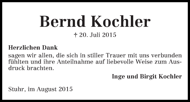 Traueranzeige von Bernd Kochler von WESER-KURIER