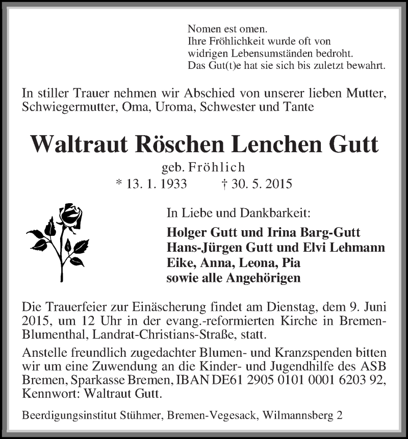 Traueranzeige von Waltraut Röschen Lenchen Gutt von Die Norddeutsche