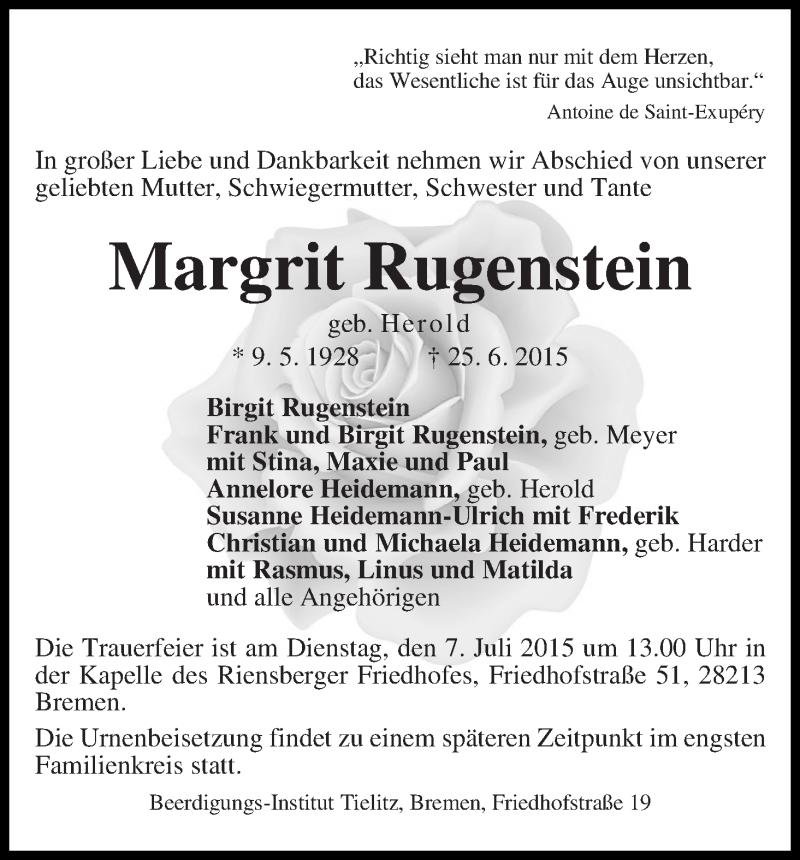 Traueranzeige von Margrit Rugenstein von WESER-KURIER
