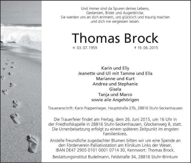 Traueranzeige von Thomas Brock von Regionale Rundschau/Syker Kurier