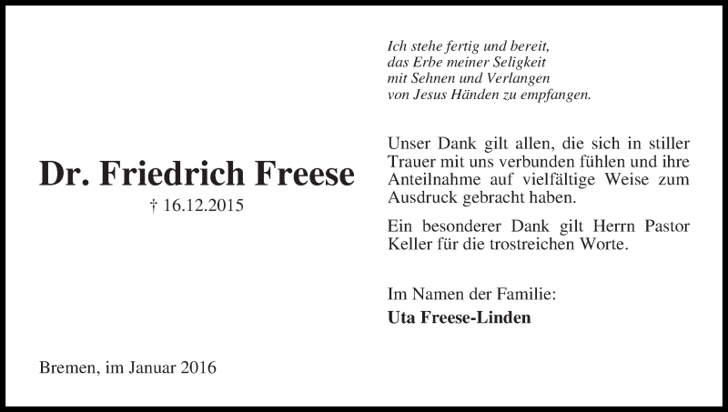 Traueranzeige von Friedich Freese von Die Norddeutsche