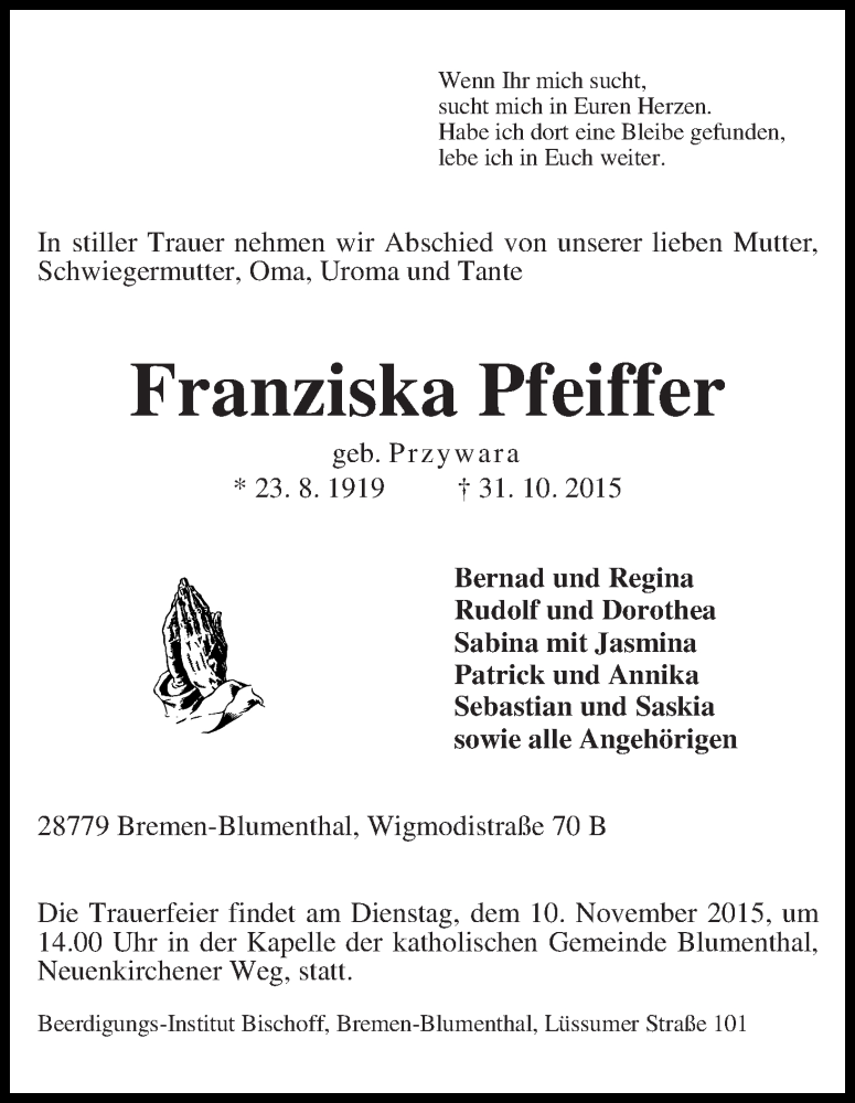 Traueranzeige von Franziska Pfeiffer von Die Norddeutsche