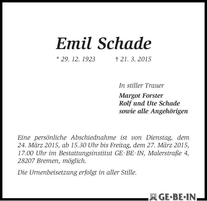 Traueranzeige von Emil Schade von WESER-KURIER