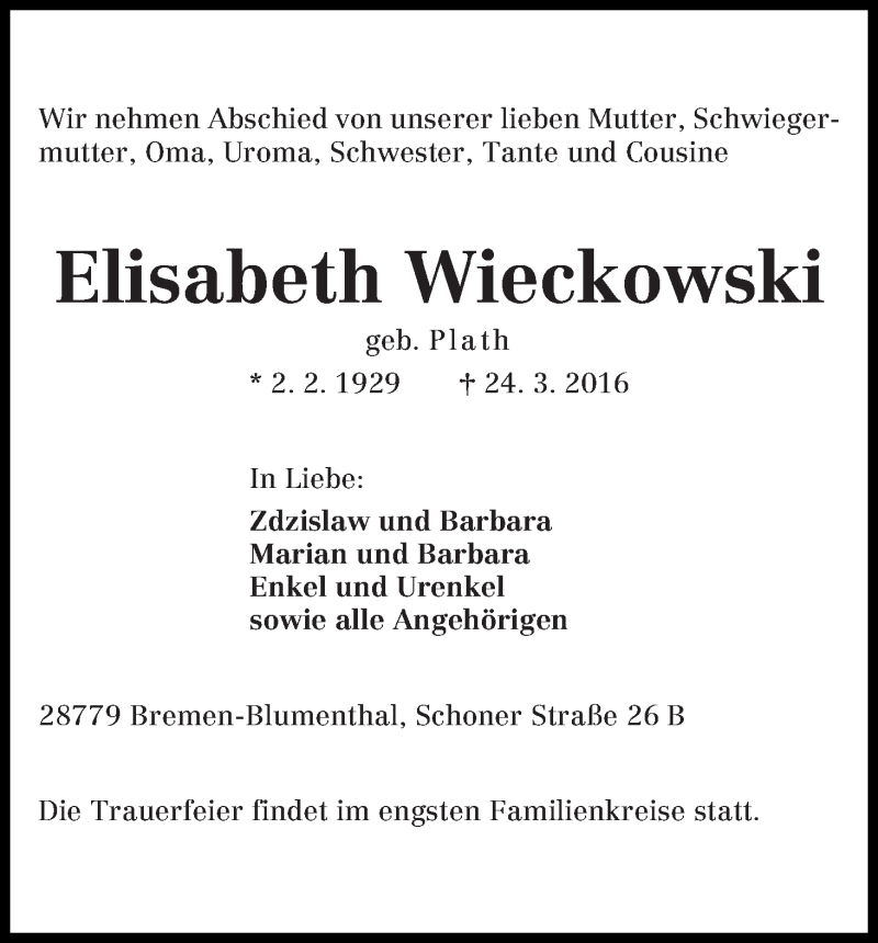 Traueranzeige von Elisabeth Wieckowski von Die Norddeutsche