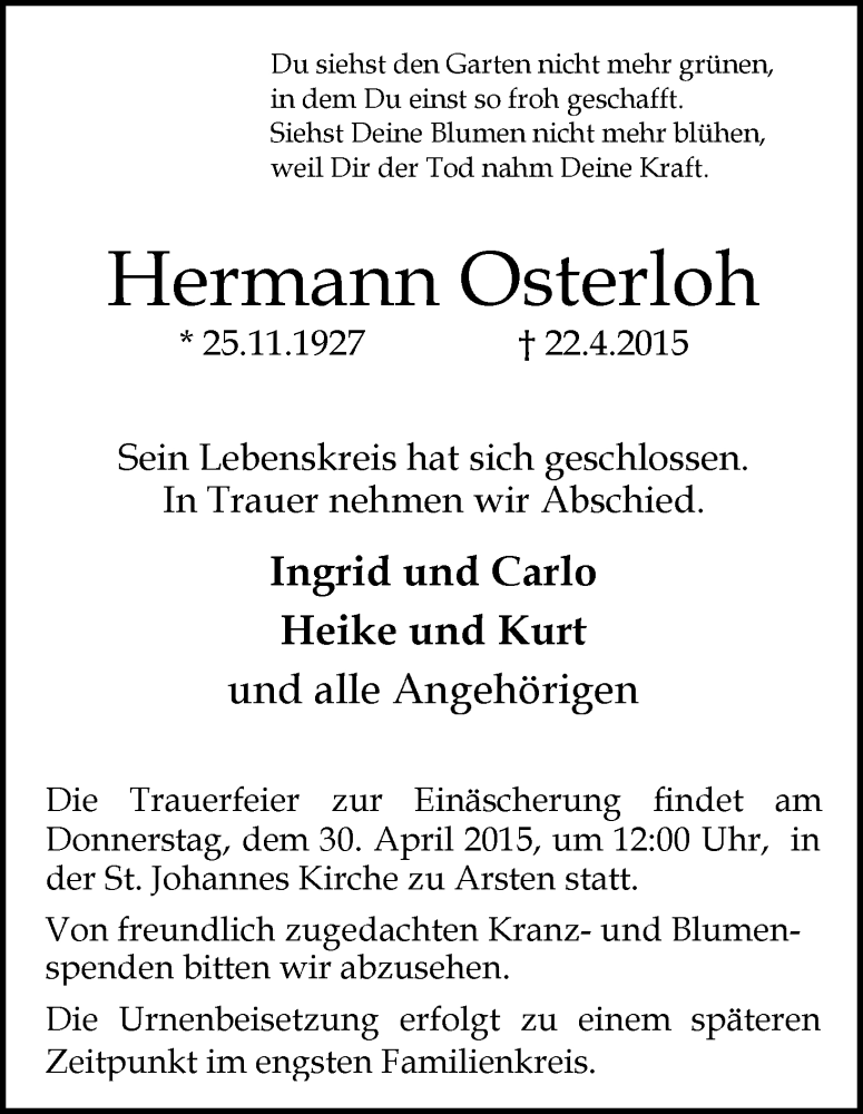 Traueranzeige von Hermann Osterloh von WESER-KURIER