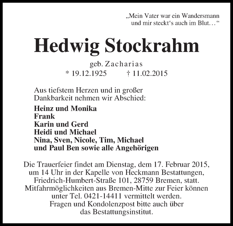Traueranzeige von Hedwig Stockrahm von WESER-KURIER