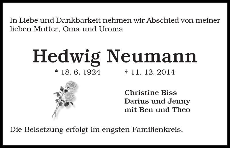 Traueranzeige von Hedwig Neumann von WESER-KURIER