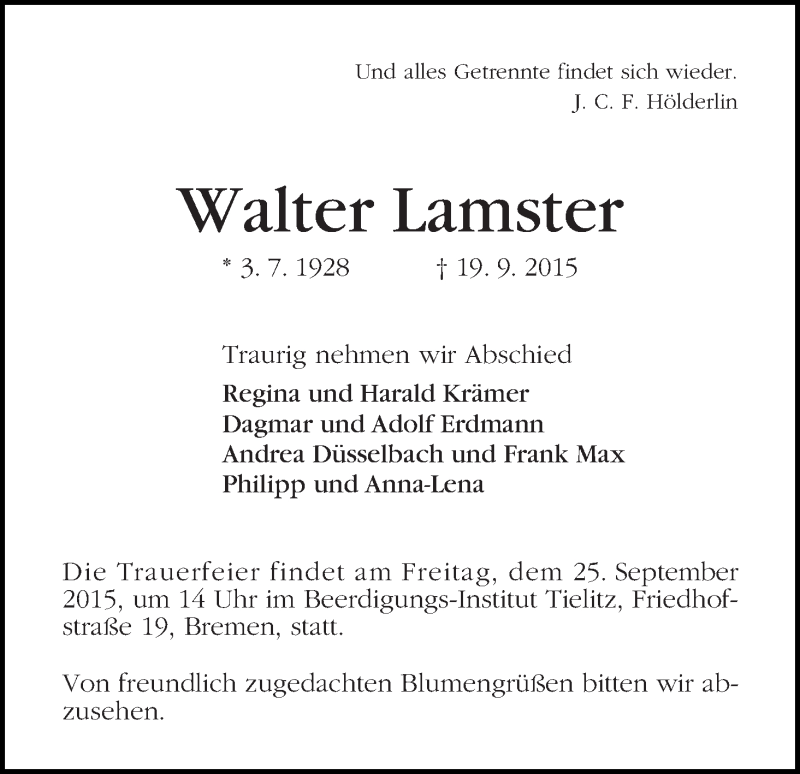 Traueranzeige von Walter Lamster von WESER-KURIER