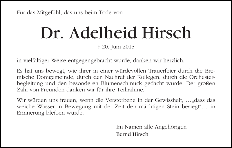 Traueranzeige von Adelheide Hirsch von WESER-KURIER