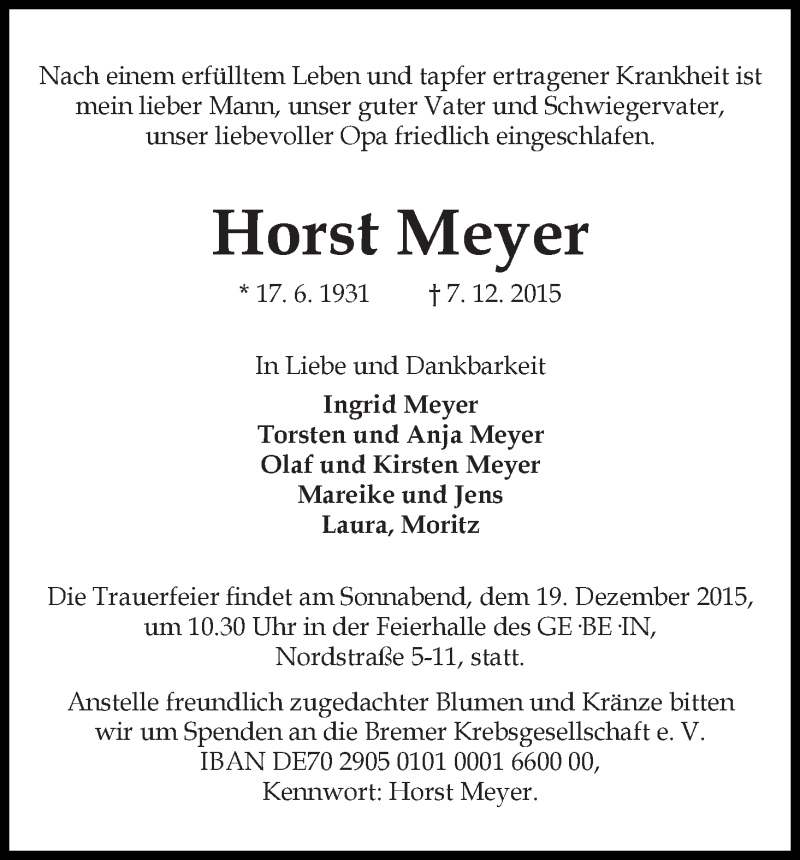 Traueranzeige von Horst Meyer von WESER-KURIER