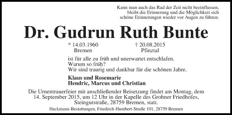 Traueranzeige von Gudrun Ruth Bunte von WESER-KURIER