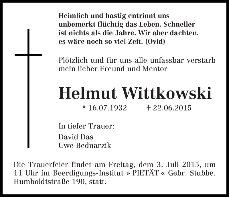 Traueranzeige von Helmut Wittkowski von WESER-KURIER