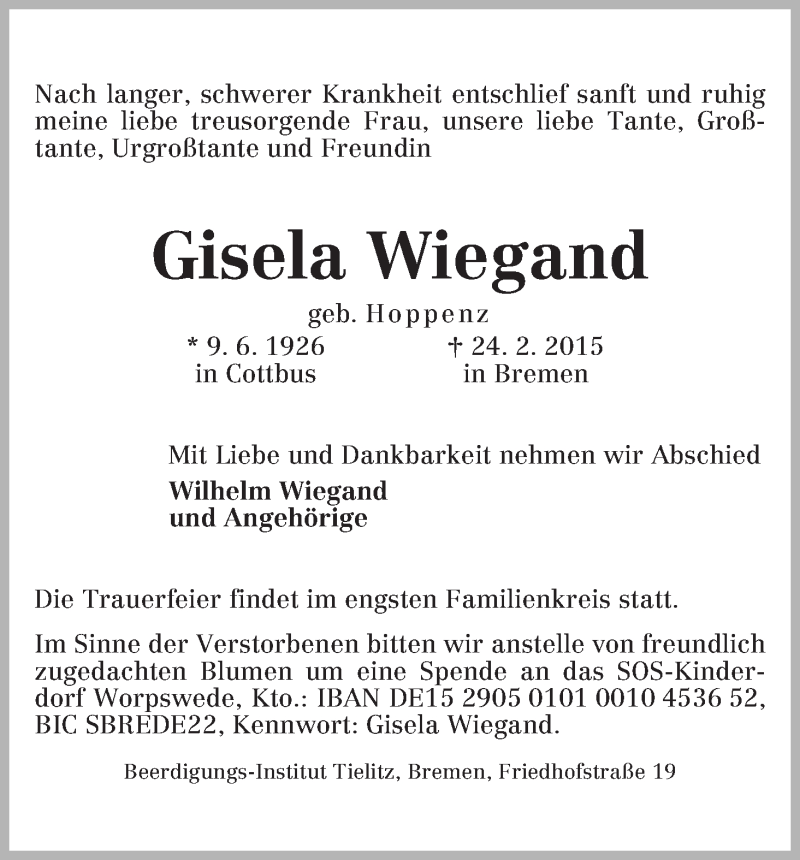 Traueranzeige von Gisela Wiegand von WESER-KURIER