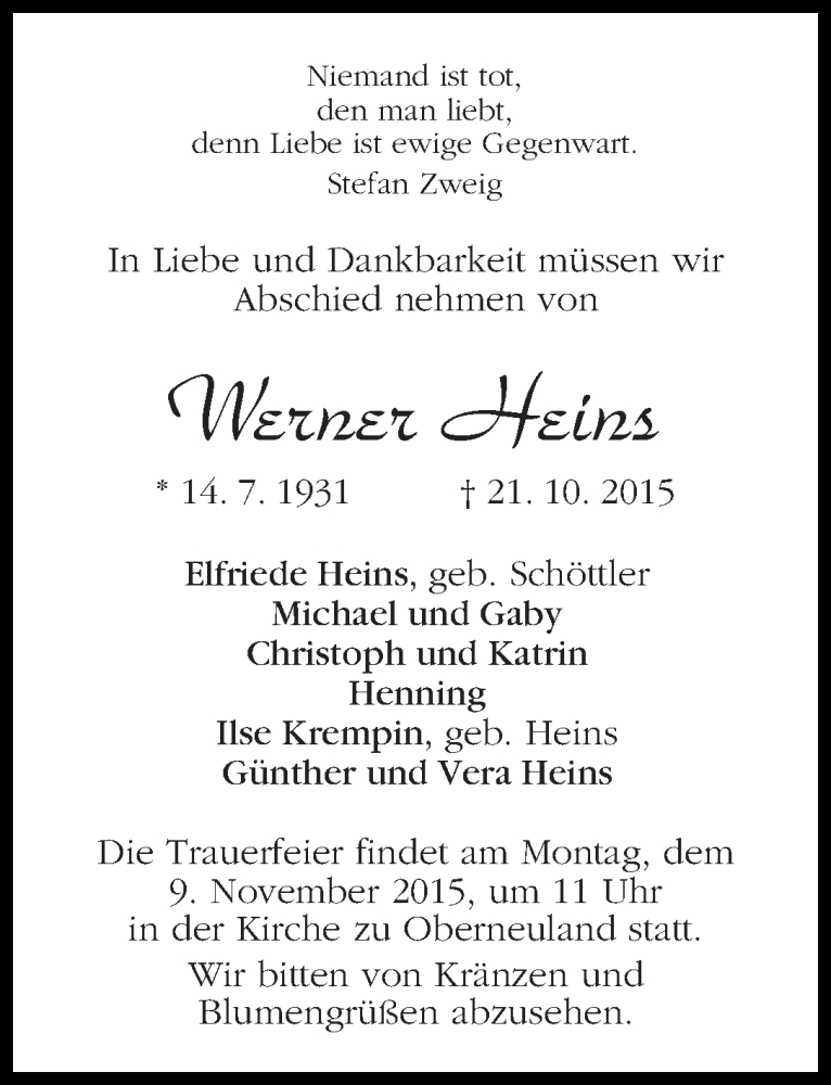 Traueranzeige von Werner Heins von WESER-KURIER