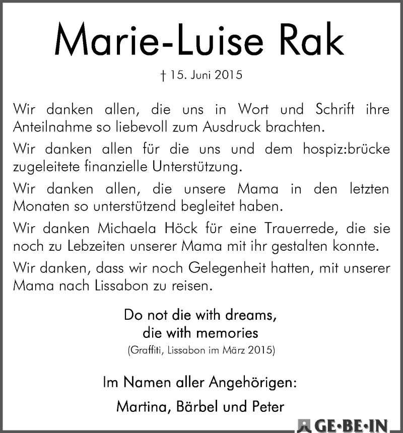 Traueranzeige von Marie-Luise Rak von WESER-KURIER