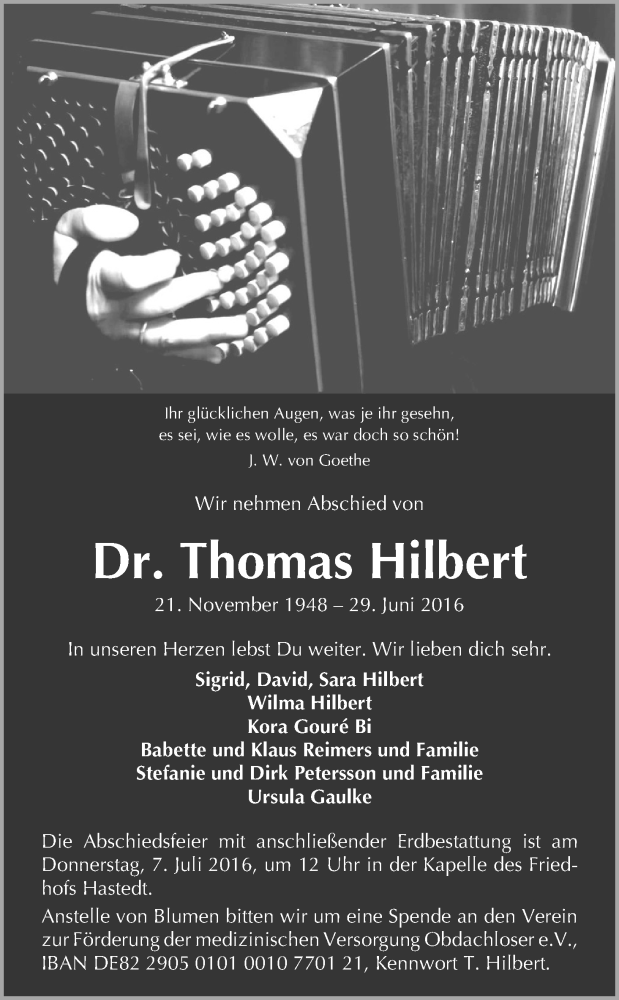 Traueranzeige von Thomas Hilbert von WESER-KURIER