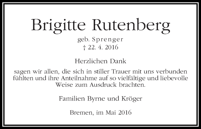 Traueranzeige von Brigitte Rutenberg von WESER-KURIER