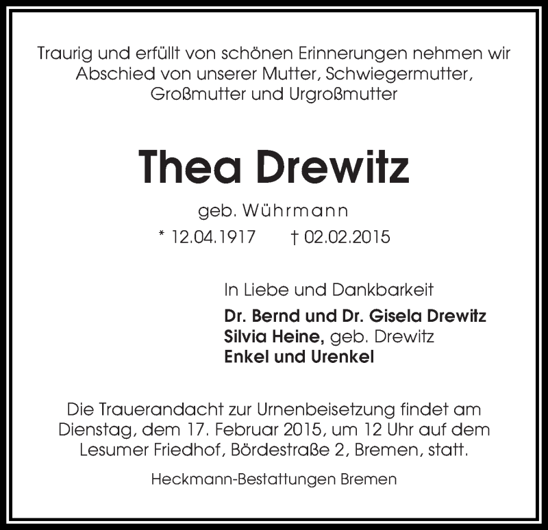 Traueranzeige von Thea Drewitz von WESER-KURIER