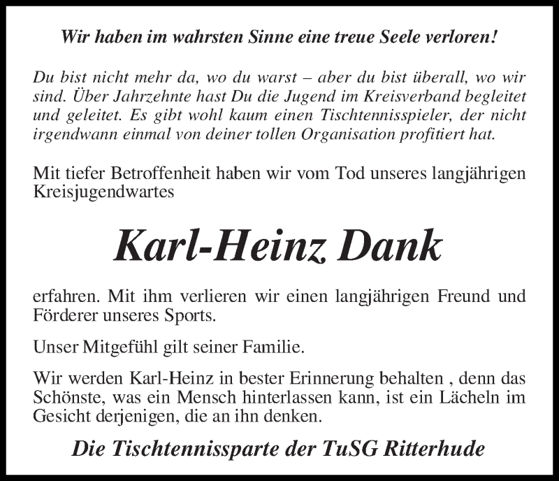 Traueranzeige von Karl-Heinz Dank von Osterholzer Kreisblatt