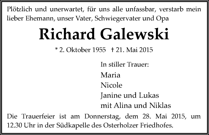 Traueranzeige von Richard Galewski von WESER-KURIER