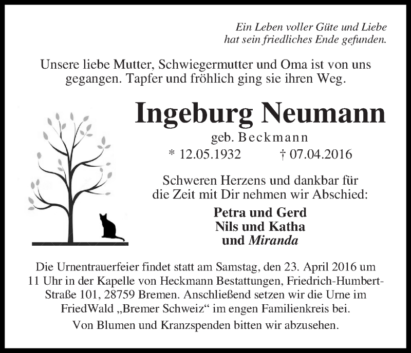 Traueranzeige von Ingeburg Neumann von WESER-KURIER