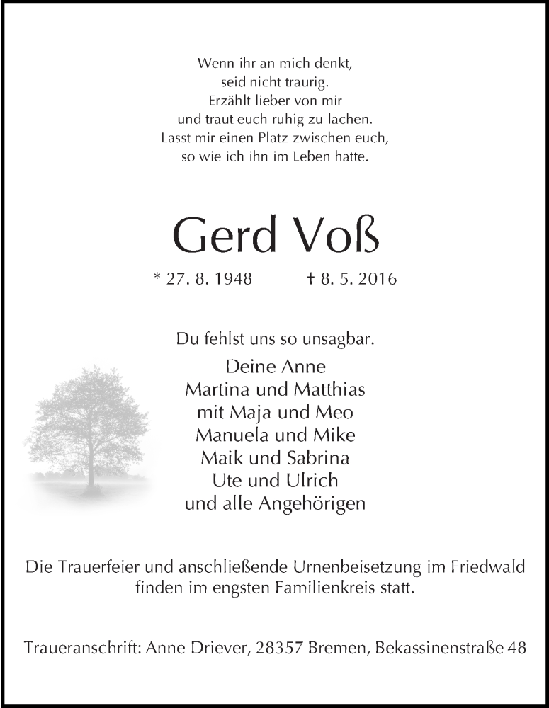 Traueranzeige von Gerd Voß von WESER-KURIER