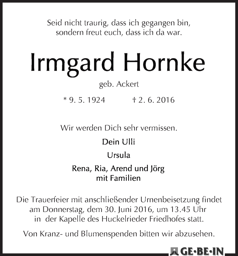 Traueranzeige von Irmgard Hornke von WESER-KURIER