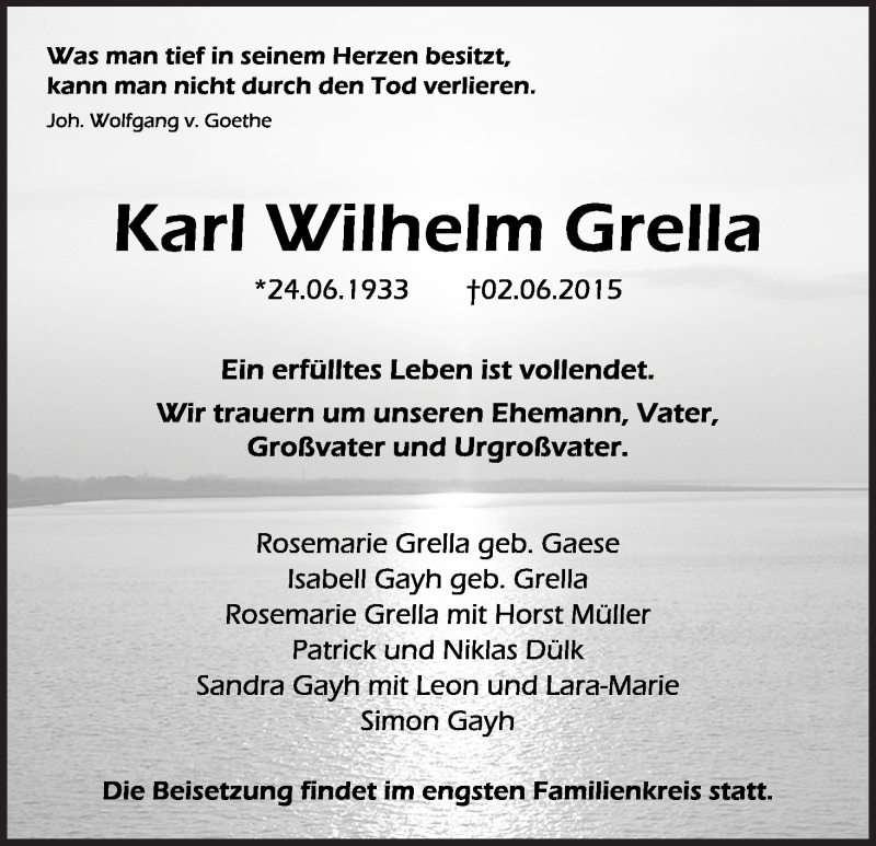Traueranzeige von Karl Wilhelm Grella von Die Norddeutsche