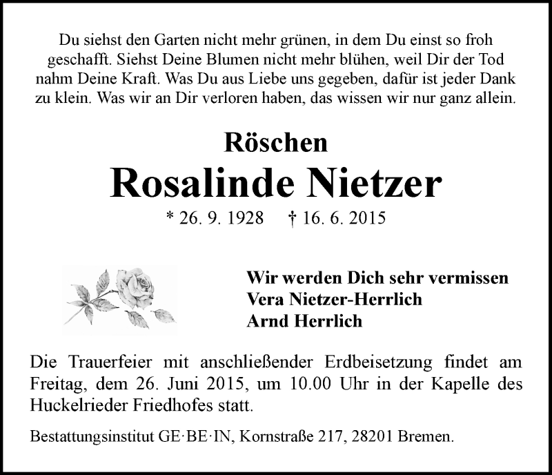 Traueranzeige von Rosaline 