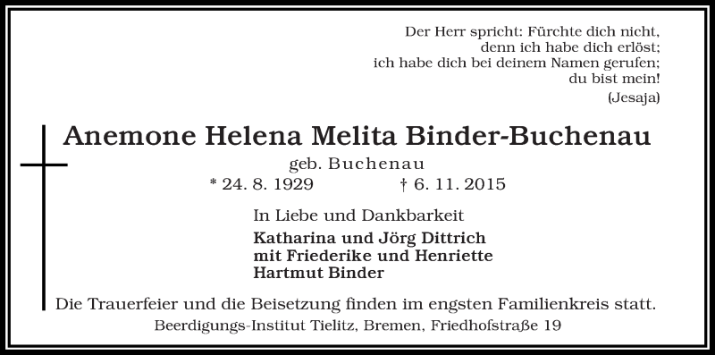 Traueranzeige von Anemone Helena Melita Binder-Buchenau von WESER-KURIER