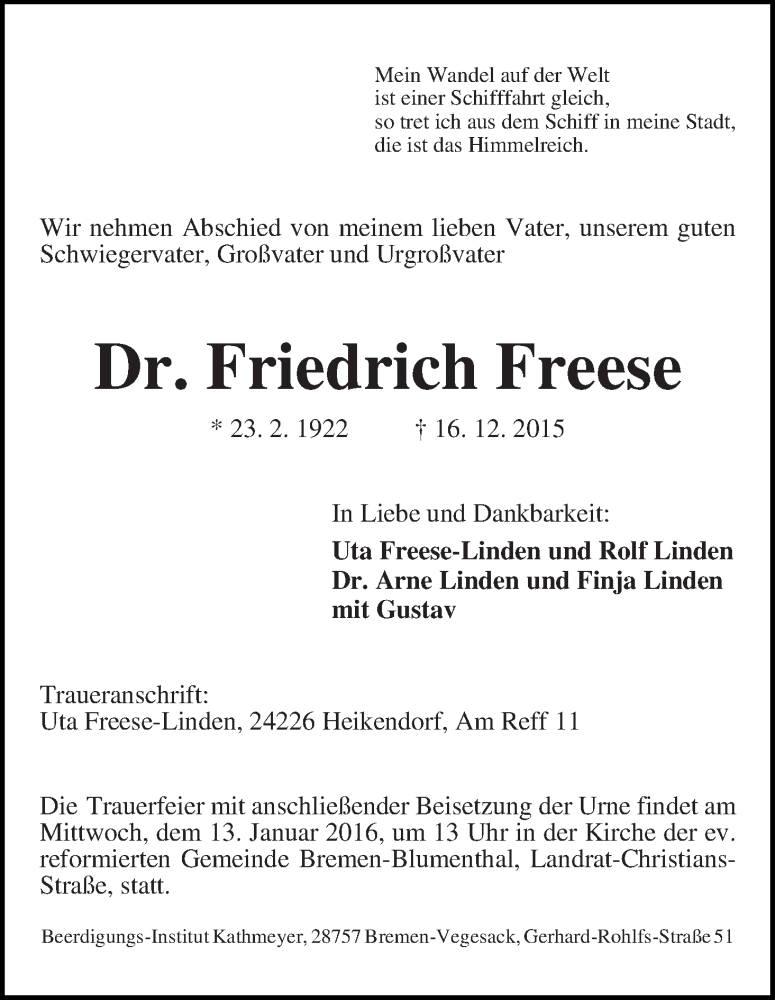 Traueranzeige von Friedrich Freese von Die Norddeutsche