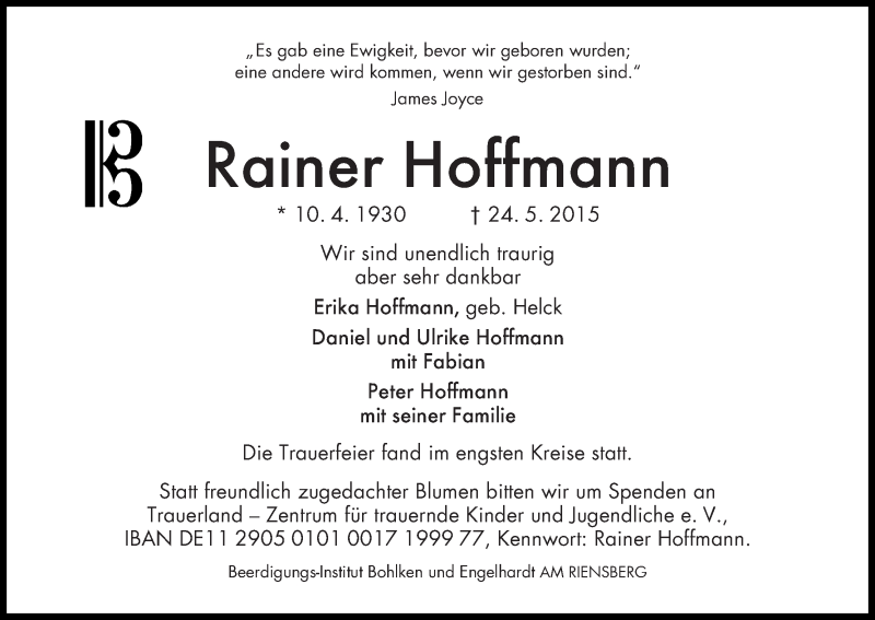 Traueranzeige von Rainer Hoffmann von WESER-KURIER
