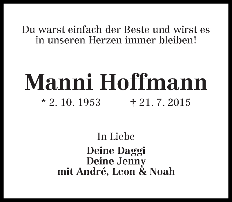 Traueranzeige von Manni Hoffmann von WESER-KURIER