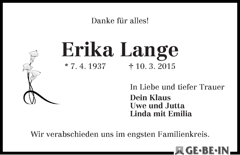Traueranzeige von Erika Lange von WESER-KURIER