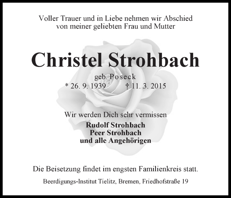 Traueranzeige von Christel Strohbach von WESER-KURIER