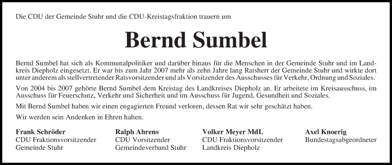 Traueranzeige von Bernd Sumbel von Regionale Rundschau/Syker Kurier