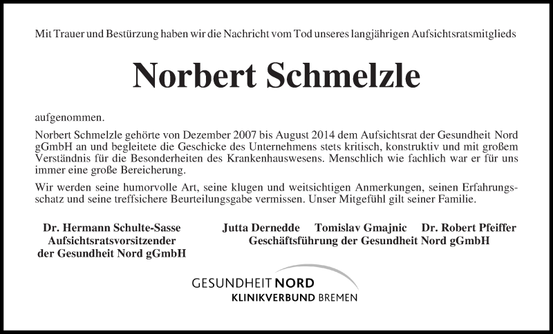 Traueranzeige von Norbert Schmelzle von WESER-KURIER
