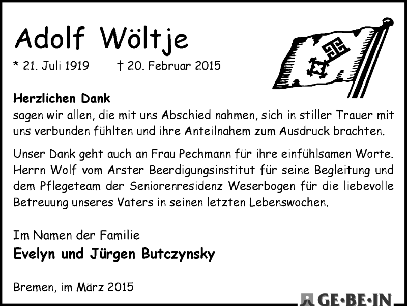 Traueranzeige von Adolf Wöltje von WESER-KURIER