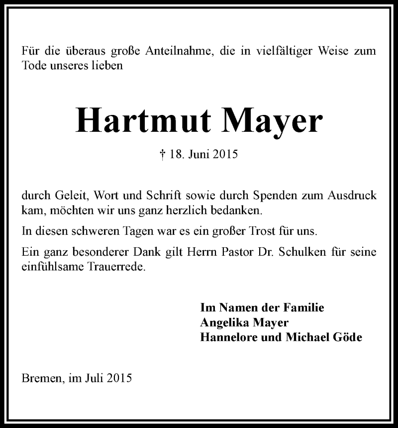 Traueranzeige von Hartmut Mayer von WESER-KURIER