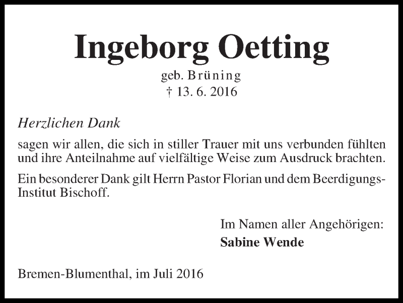 Traueranzeige von Ingeborg Oetting von Die Norddeutsche