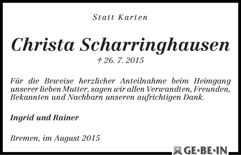 Traueranzeige von Christa Scharringhausen von WESER-KURIER