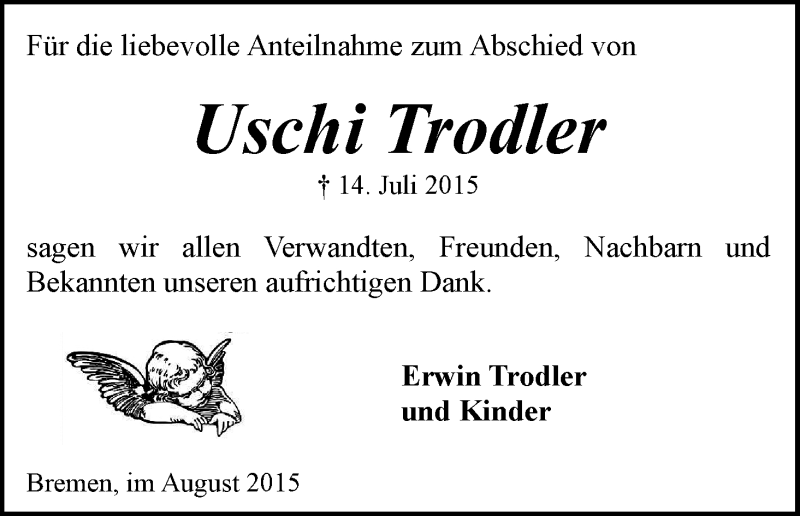 Traueranzeige von Uschi Trodler von WESER-KURIER