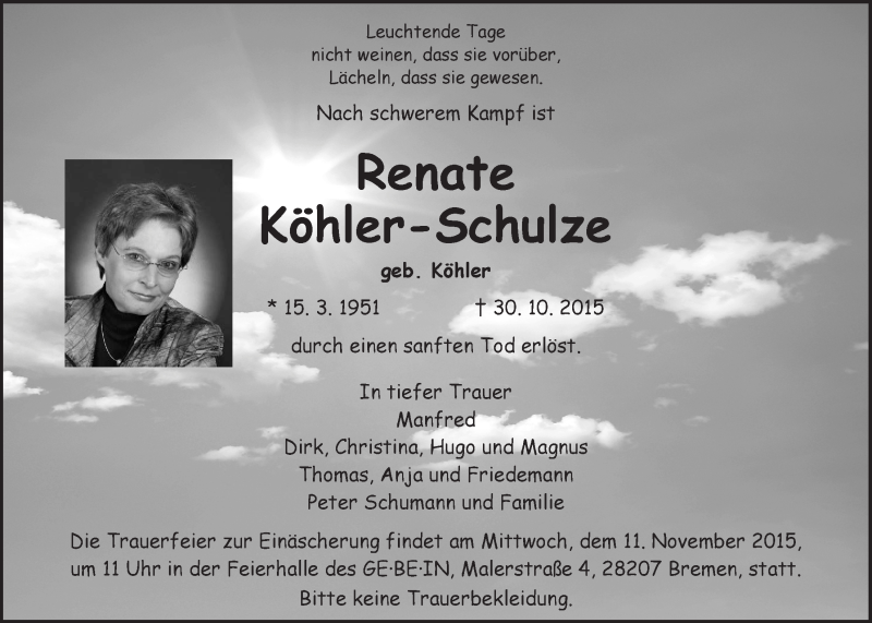 Traueranzeige von Renate Köhler-Schulze von WESER-KURIER