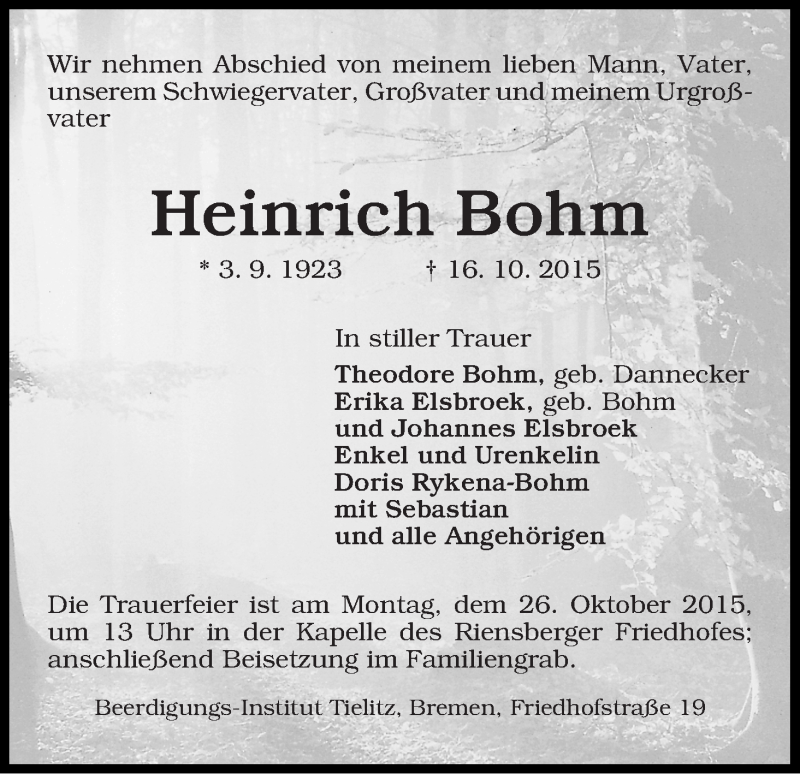 Traueranzeige von Heinrich Bohm von WESER-KURIER