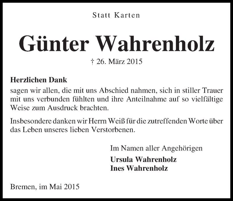 Traueranzeige von Günter Wahrenholz von WESER-KURIER