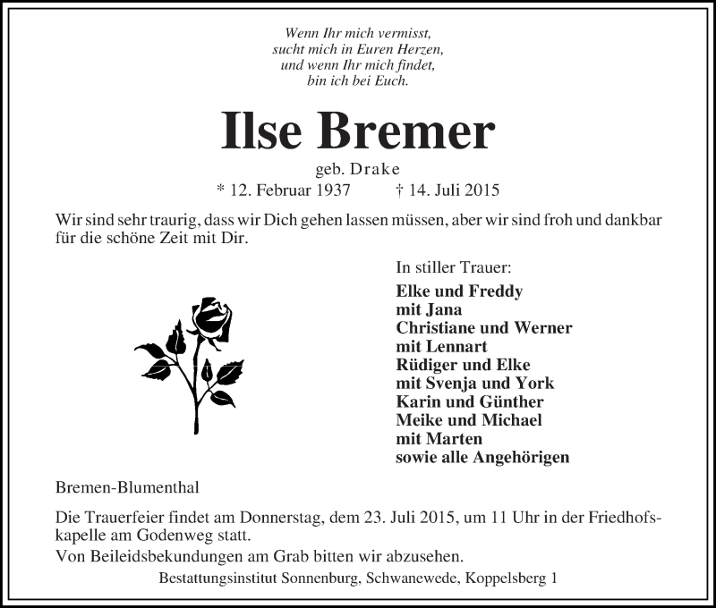 Traueranzeige von Ilse Bremer von Die Norddeutsche