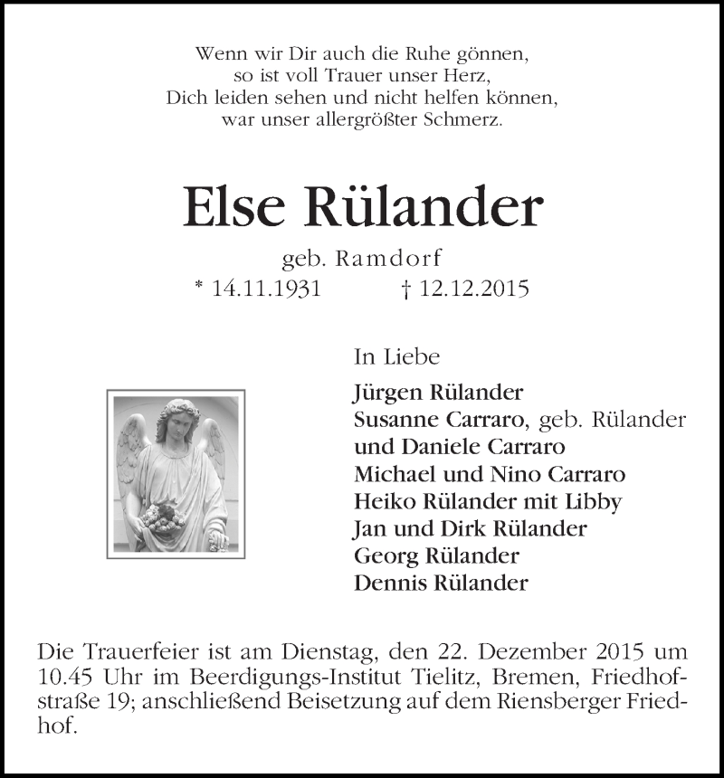 Traueranzeige von Else Rülander von WESER-KURIER