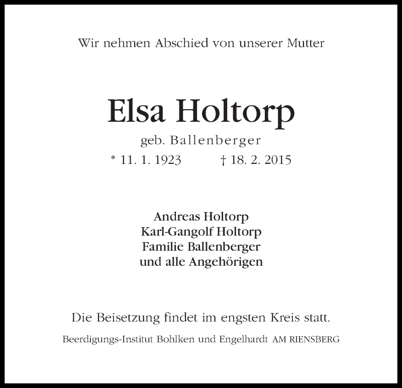 Traueranzeige von Elsa Holtorp von WESER-KURIER