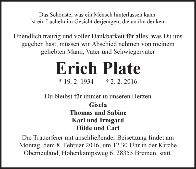Traueranzeige von Erich Plate von WESER-KURIER