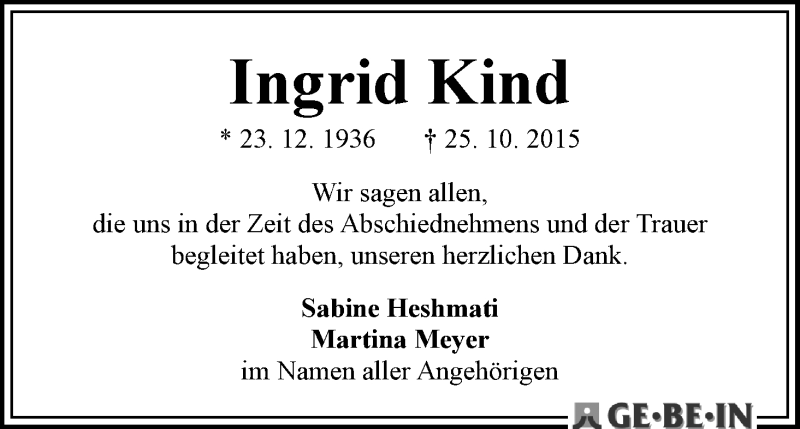 Traueranzeige von Ingrid Kind von WESER-KURIER